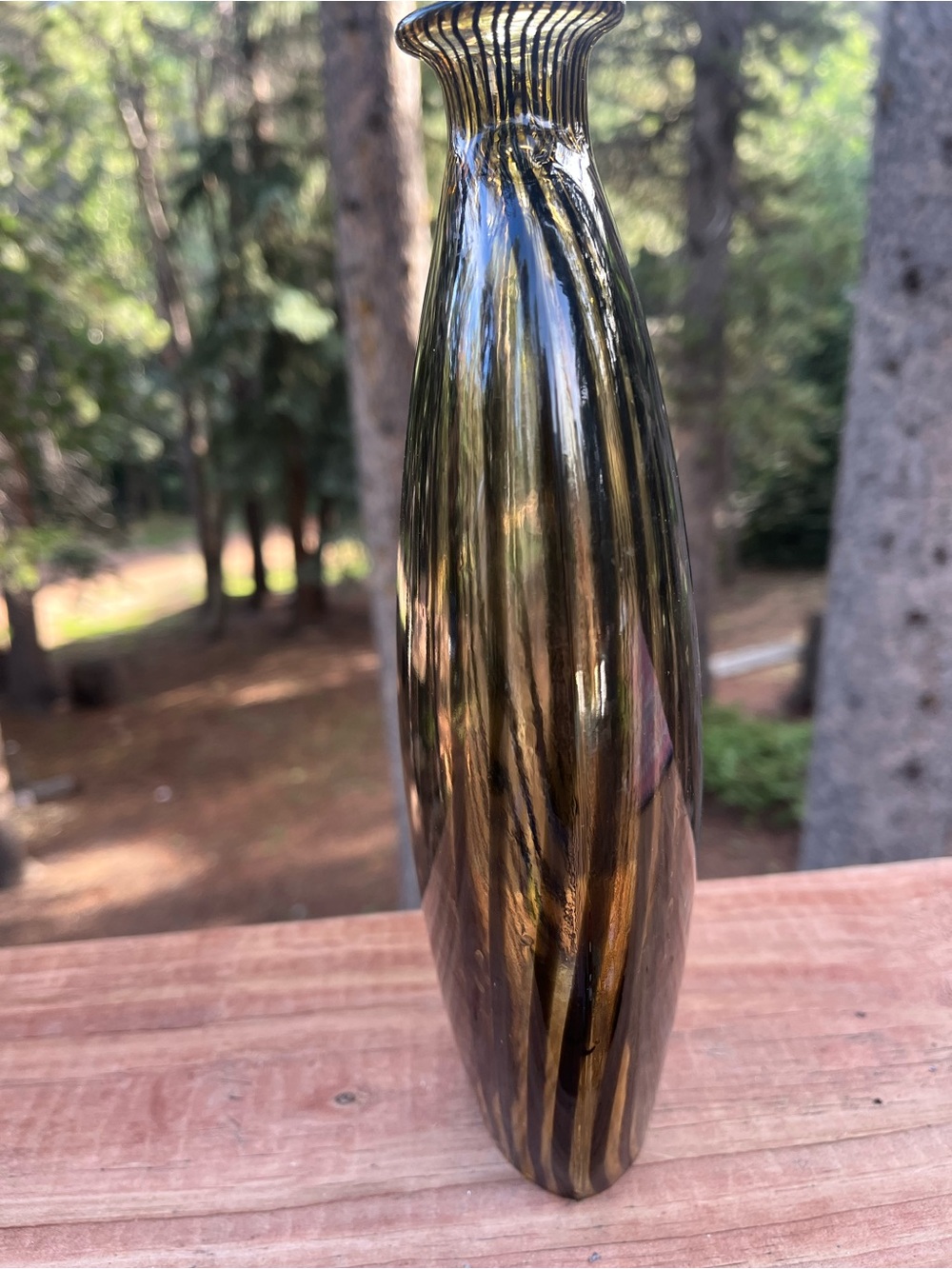 Art Deco style Amber Black stinger Stripe Sculptural Glass Vases Set of 2 - Picture 9 of 13
